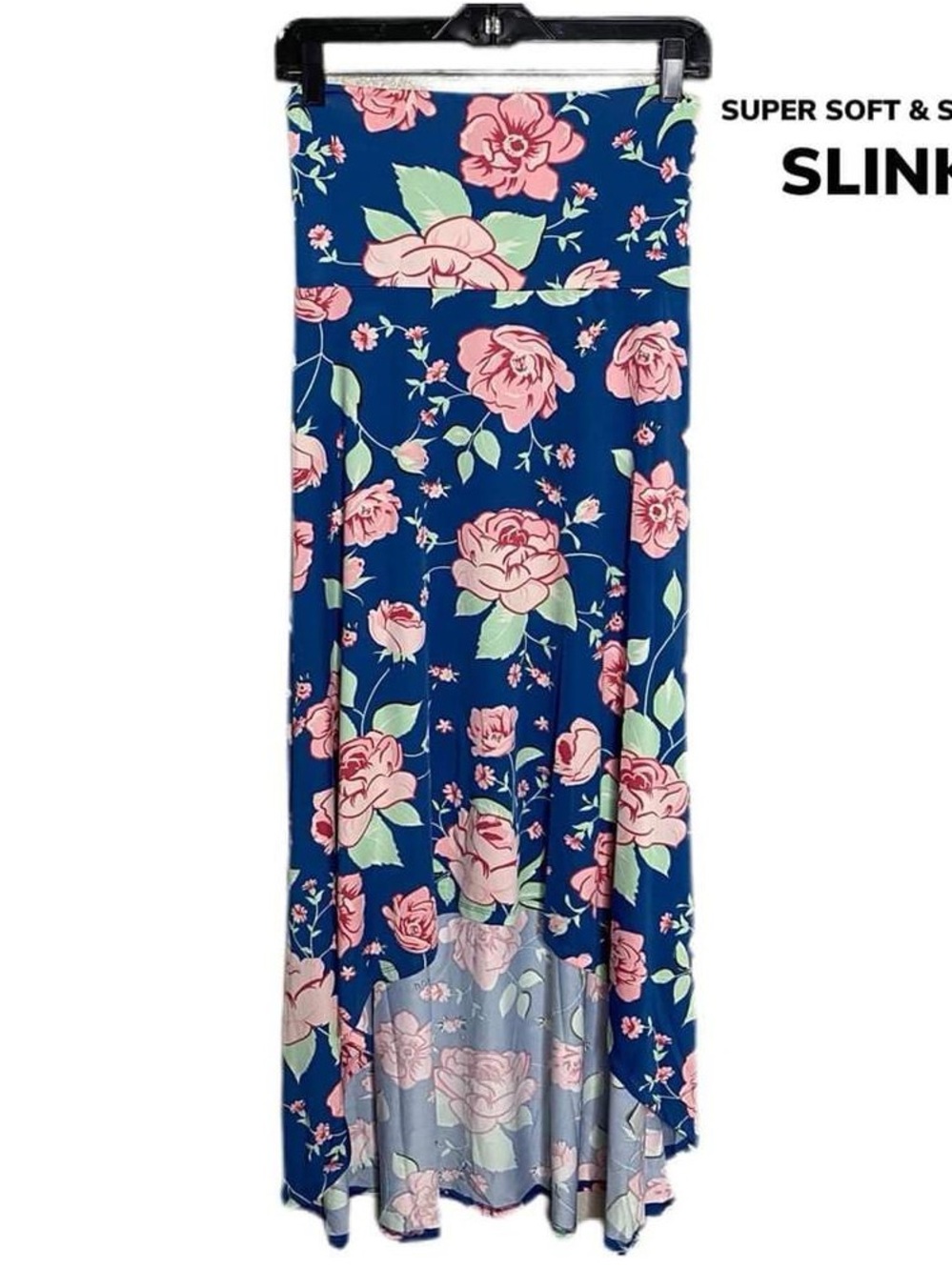 LuLaRoe Olivia Navy Maxi Skirt with Pink Floral Print
